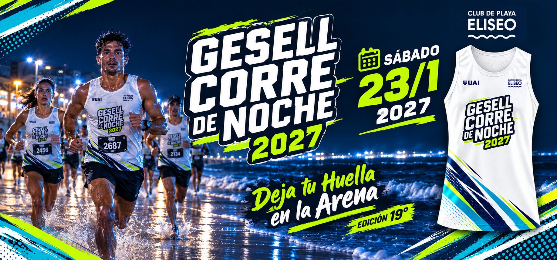 Flyer de Gesell Corre de Noche 2027 – carrera de calle en Villa Gesell, Buenos Aires